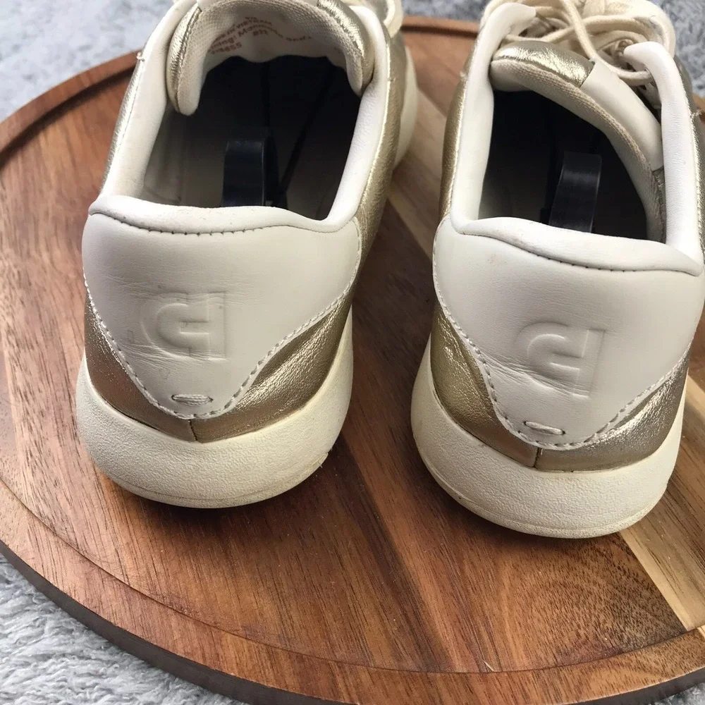 Cole Haan Grand Pro Tennis Shoe Womens 9B Metallic Gold Leather Lace Up Sneakers